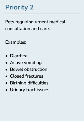 Priority 2 - Diarrhea, Active vomiting, Bowel obstruction, Closed fractures, Birthing difficulties, Urinary tract issues