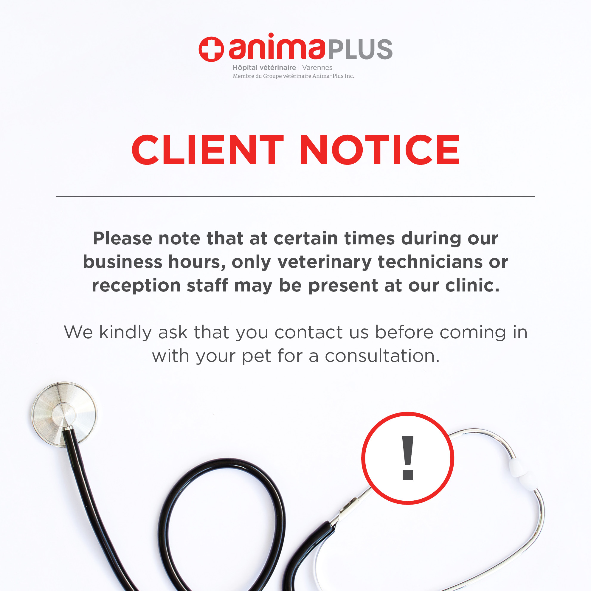 Information – disponibilité de l’équipe vétérinaire