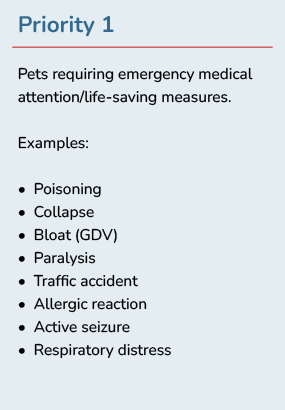 Priority 1 - Poisoning, Collapse, Bloat (GDV), Paralysis,  Traffic Accident, Allergic Reaction, Active Seizure, Respiratory Distress